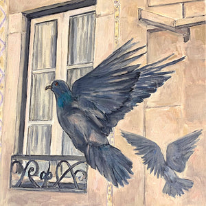 Pigeons in Flight, Oil on Canvas, 12in x 12in — Lisbon, Portugal