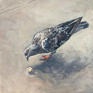 Pigeon Leaning in for a Treat, Oil on Canvas, 12in x 12in — NYC, NY