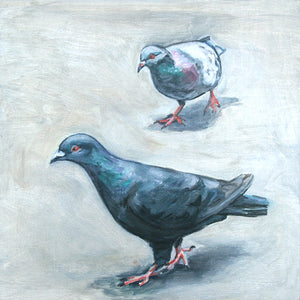 Two Pigeons Running, Oil on Wood, 9in x 9in — Jersey City, NJ (SOLD)