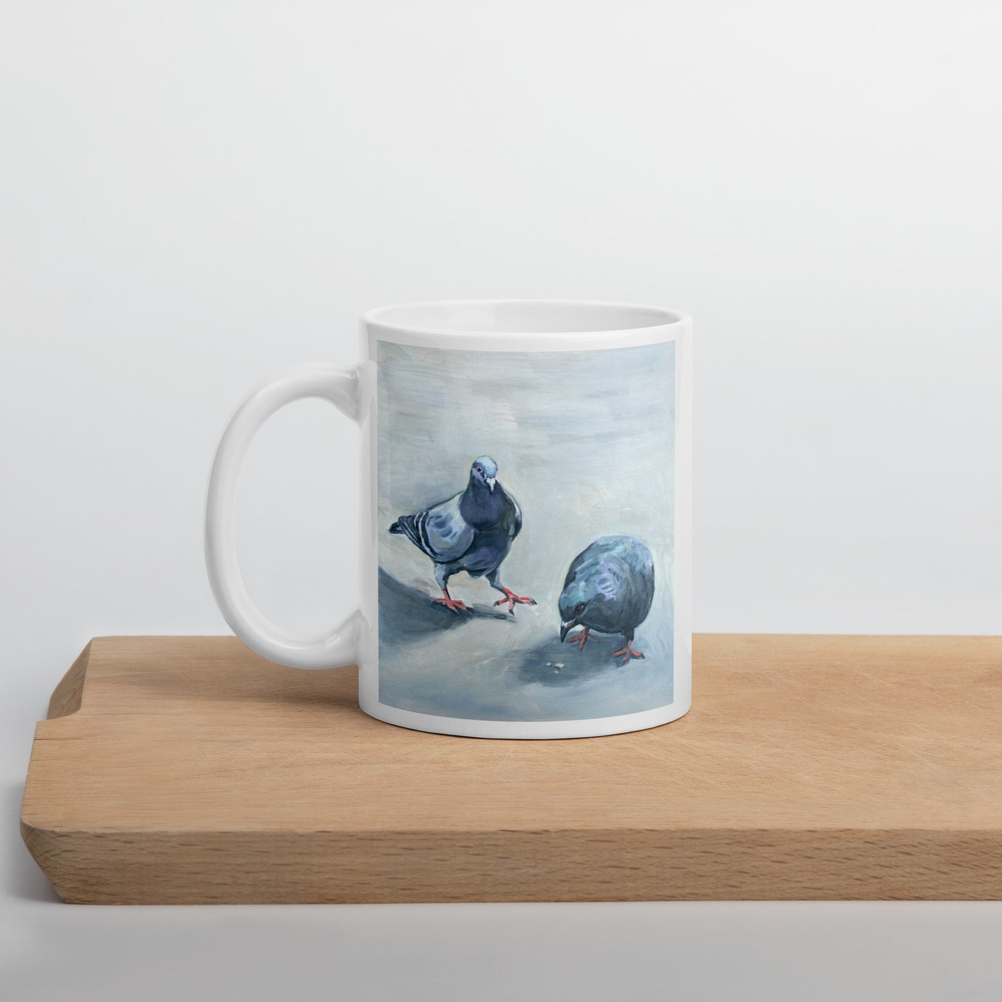 White Glossy Mug - Two Pigeons Eating