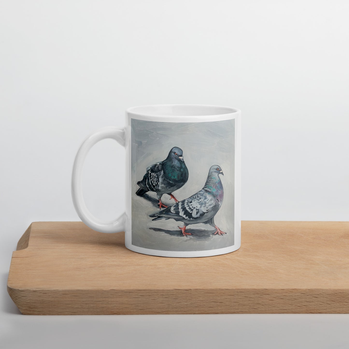 White Glossy Mug - Pigeons Flirting