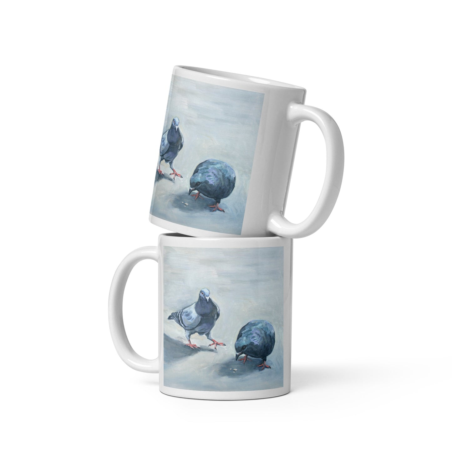 White Glossy Mug - Two Pigeons Eating