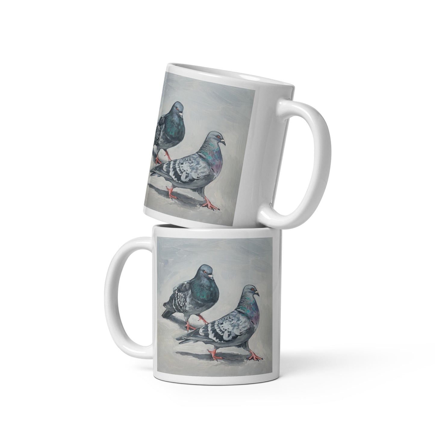 White Glossy Mug - Pigeons Flirting