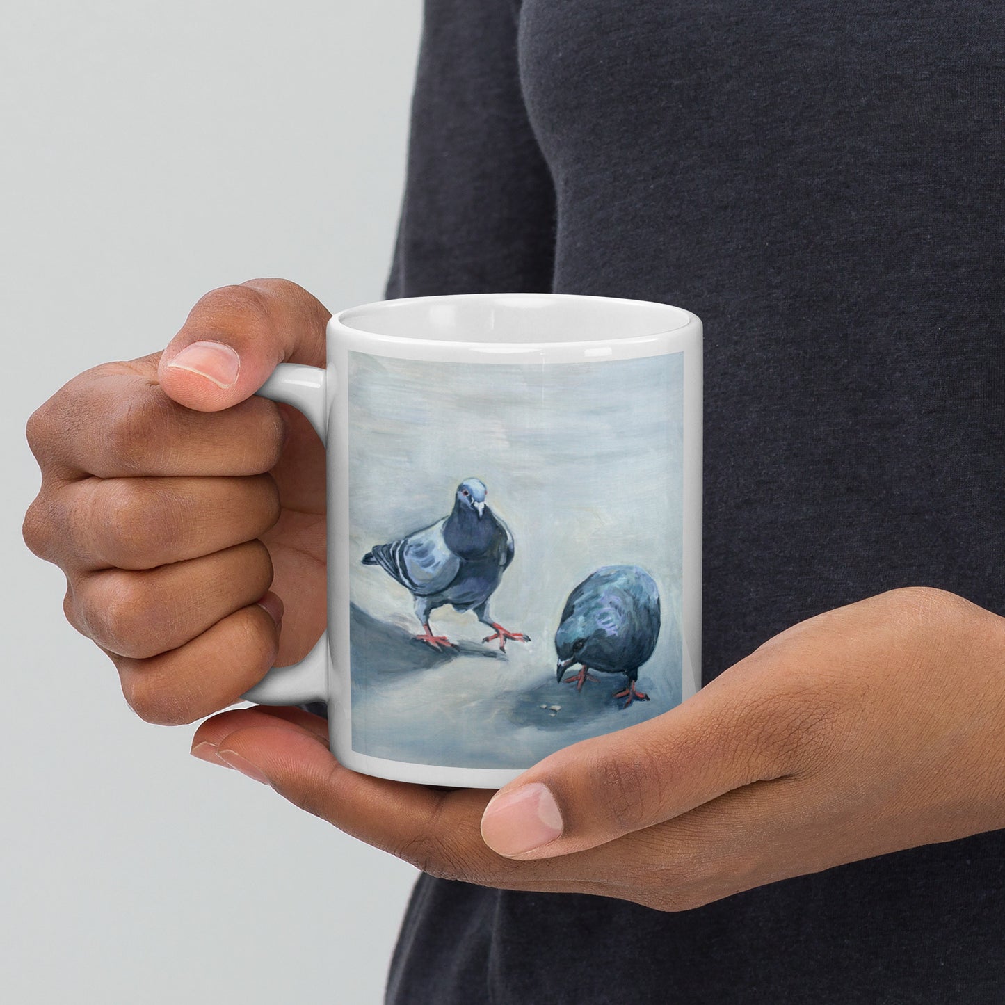 White Glossy Mug - Two Pigeons Eating