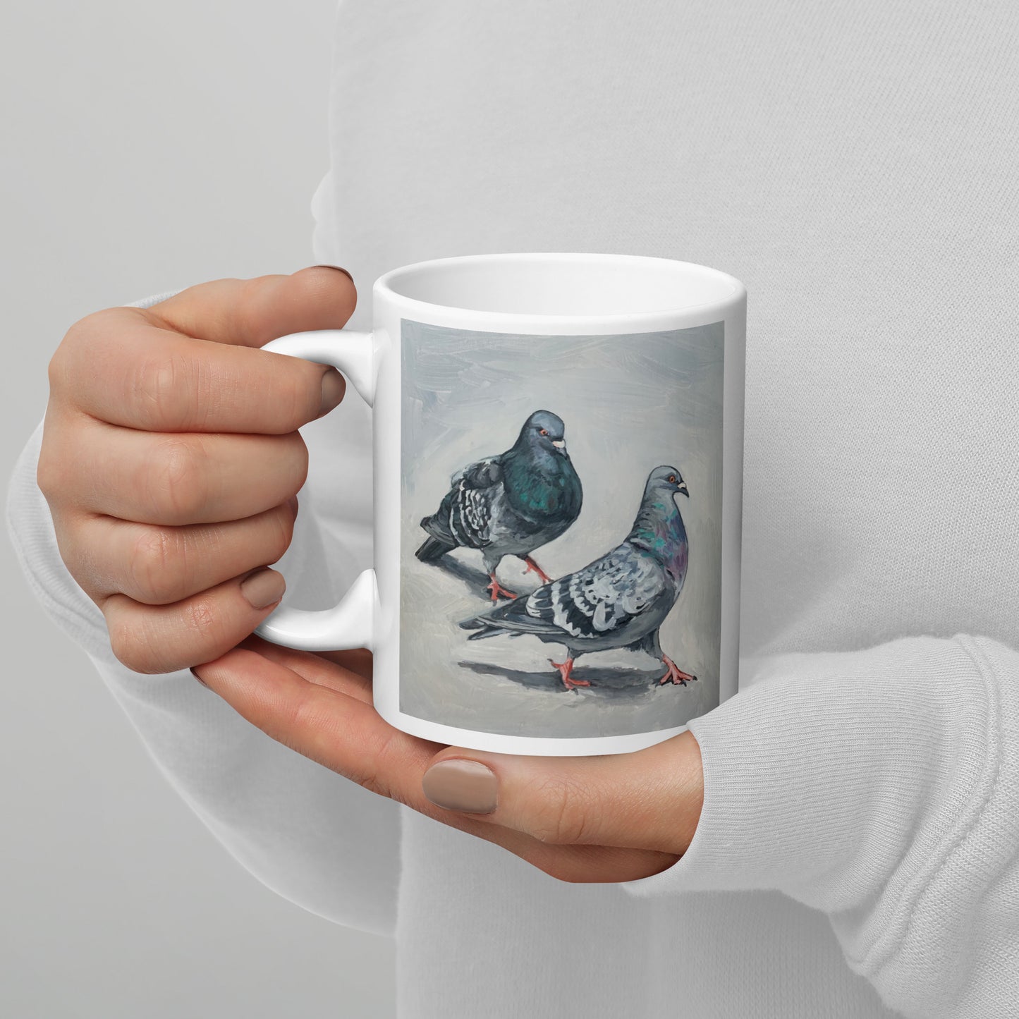 White Glossy Mug - Pigeons Flirting