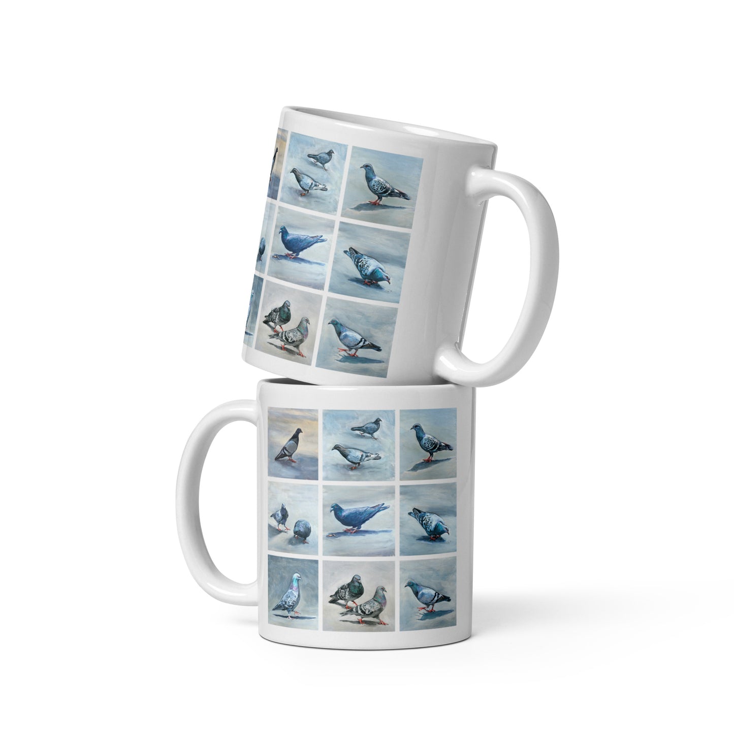 White Glossy Mug - Twelve Pigeons Design