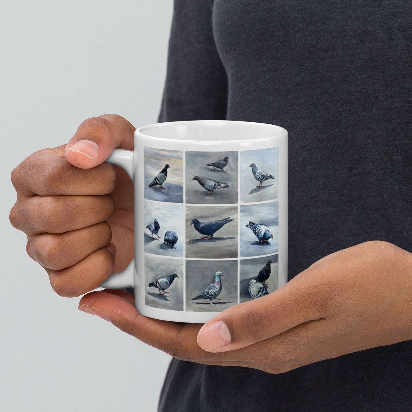 White Glossy Mug - Twelve Pigeons Design