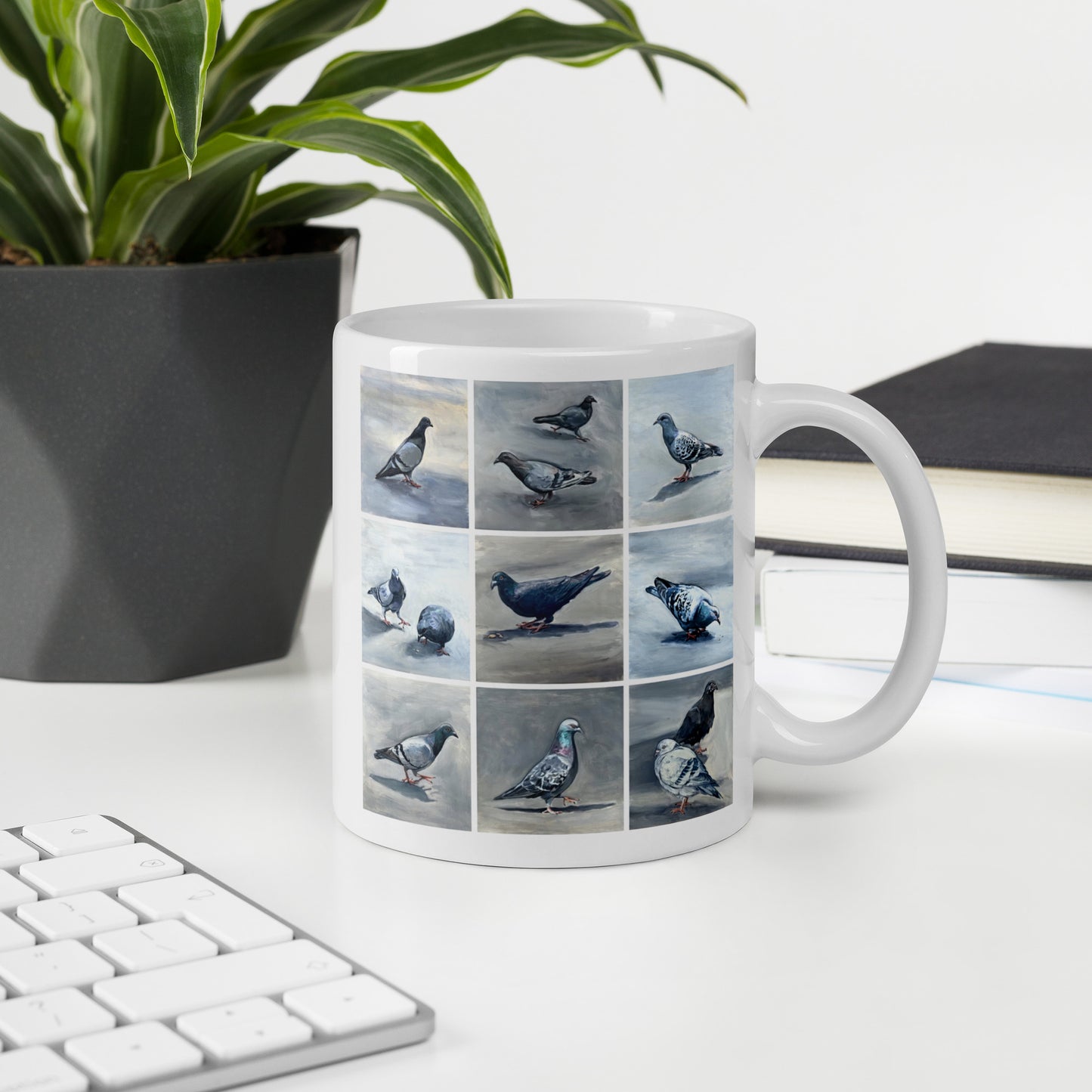 White Glossy Mug - Twelve Pigeons Design