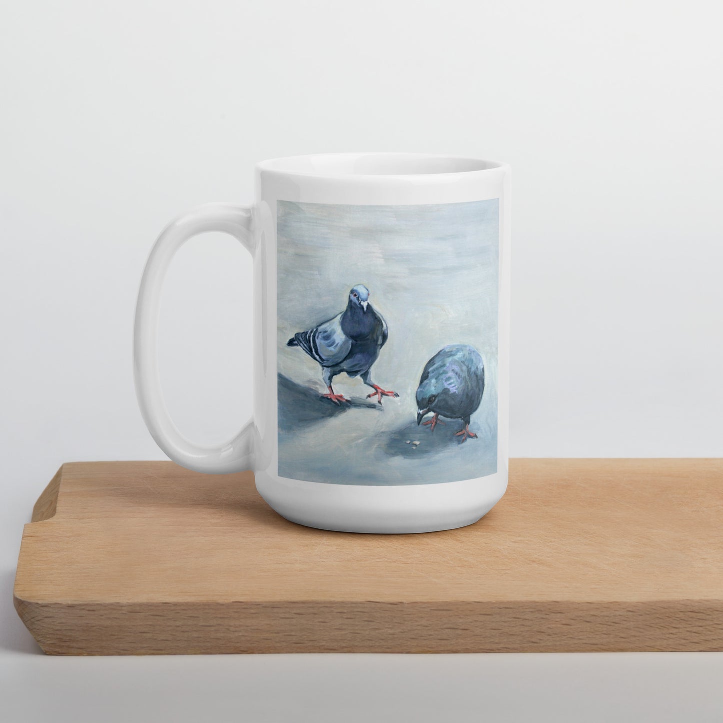 White Glossy Mug - Two Pigeons Eating