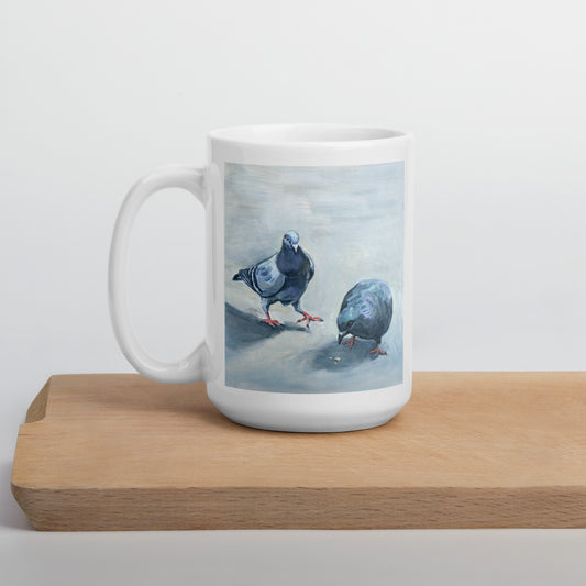 White Glossy Mug - Two Pigeons Eating