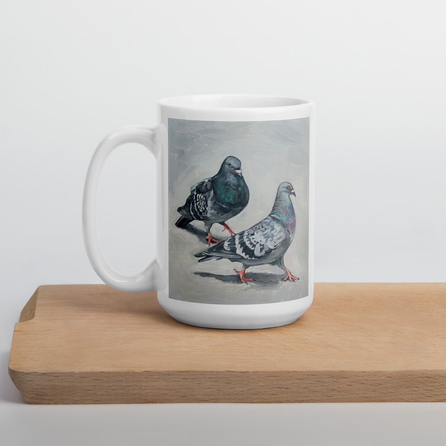 White Glossy Mug - Pigeons Flirting