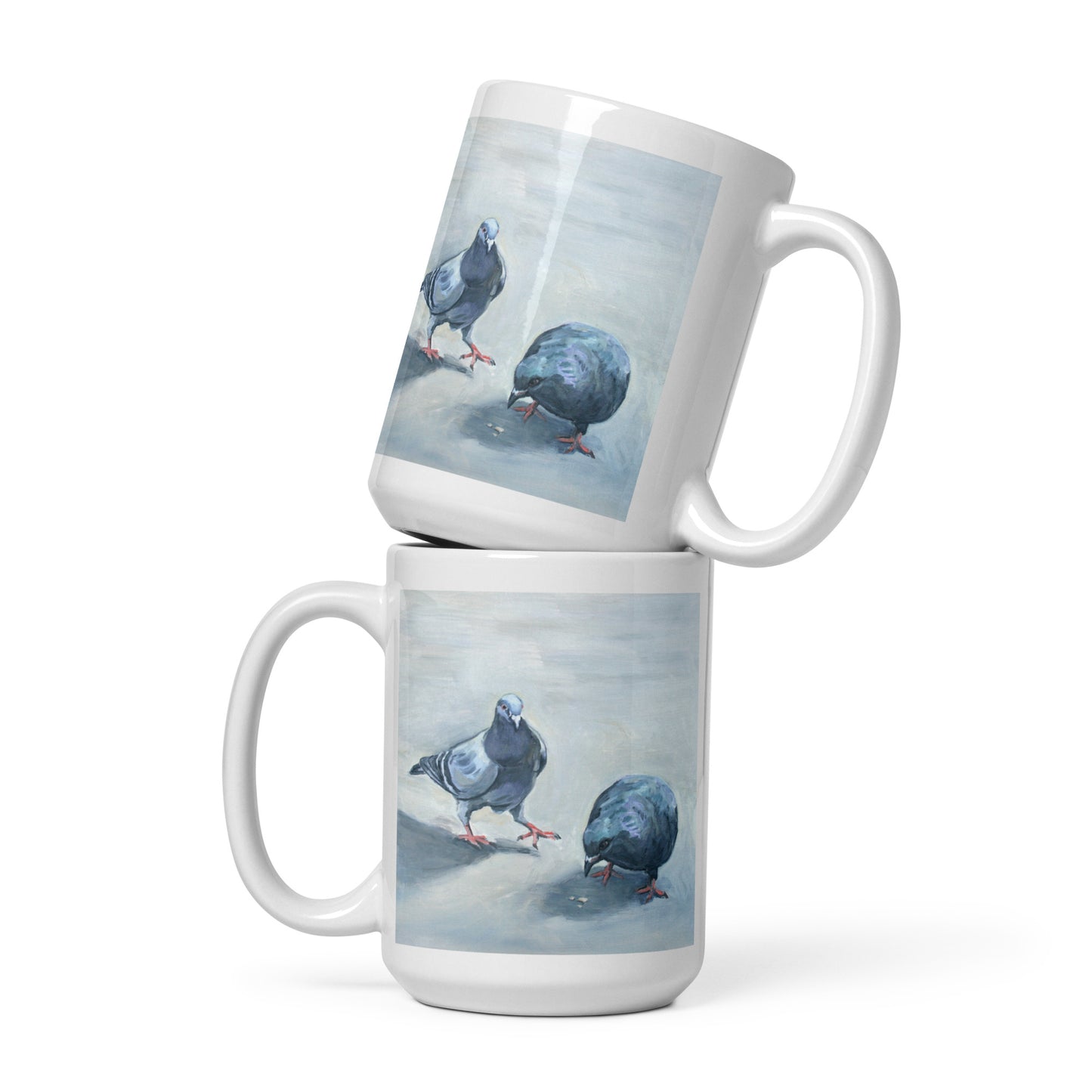 White Glossy Mug - Two Pigeons Eating