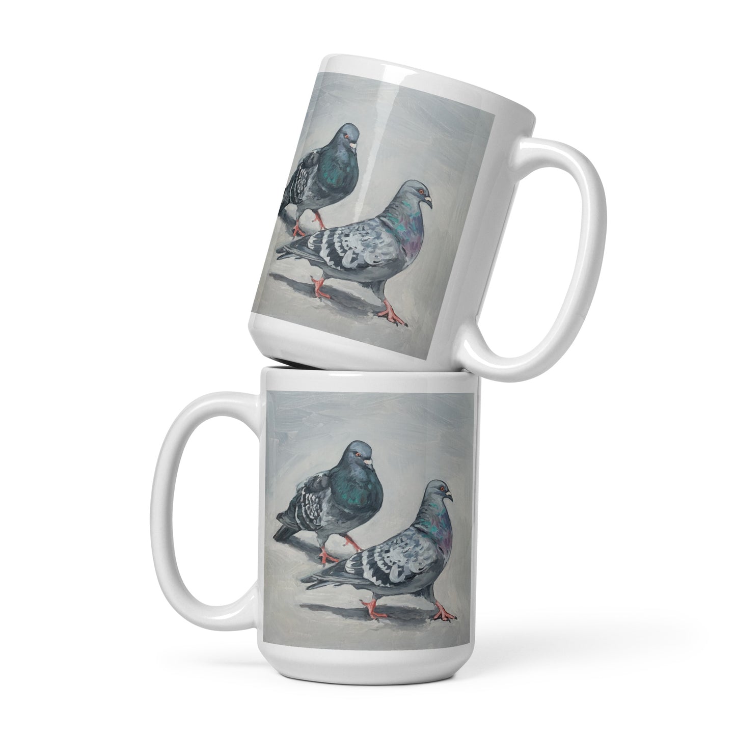 White Glossy Mug - Pigeons Flirting