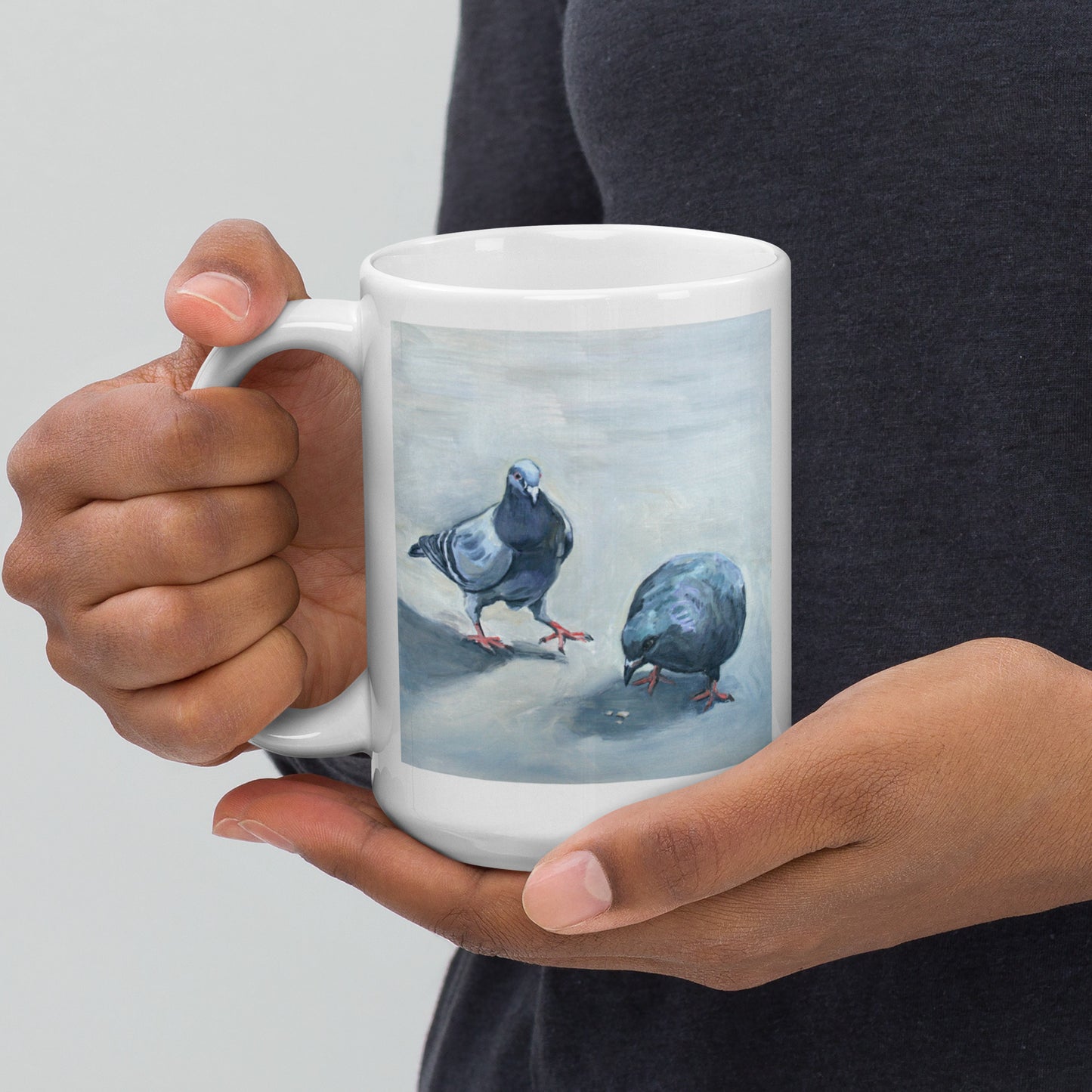 White Glossy Mug - Two Pigeons Eating