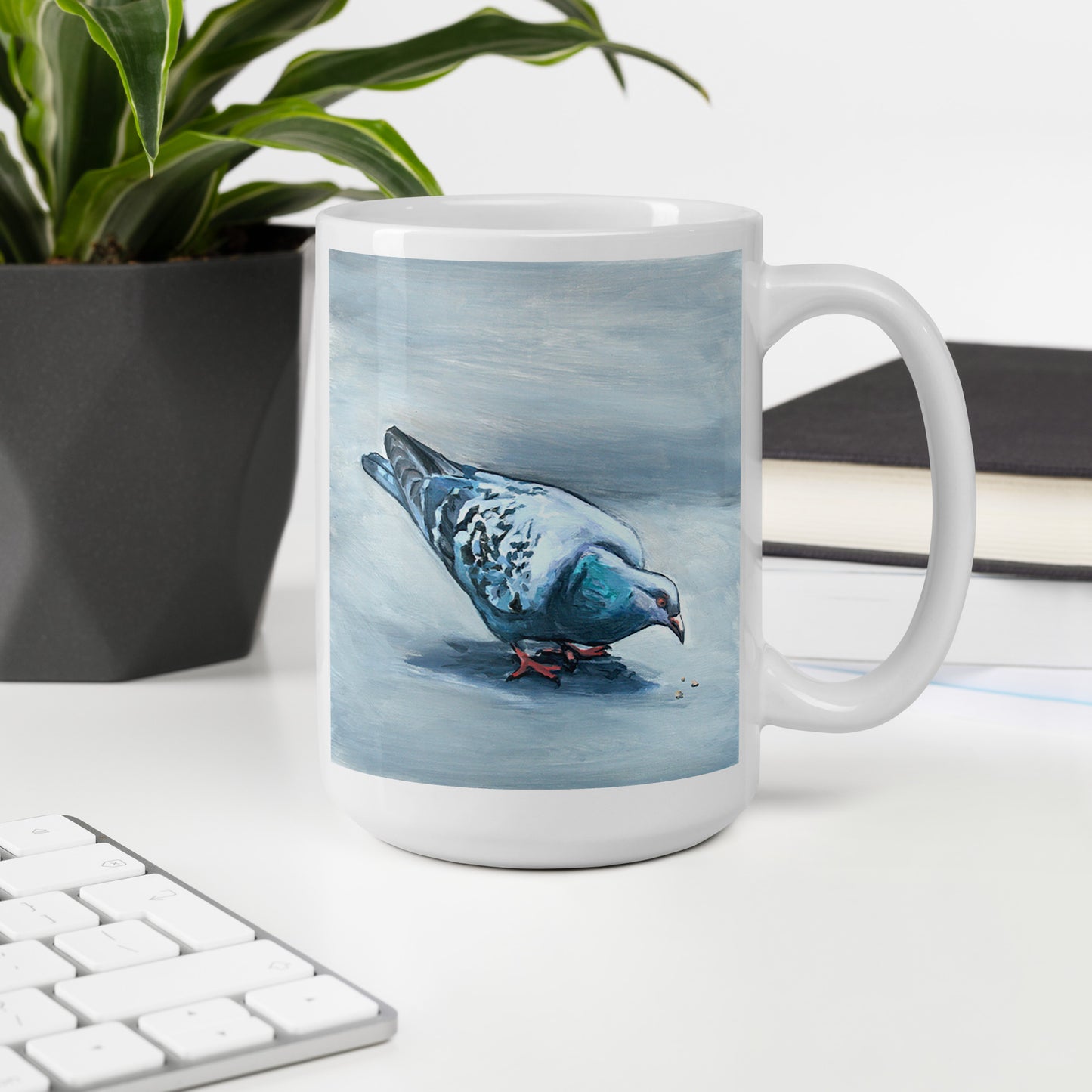 White Glossy Mug - Pigeon Eating