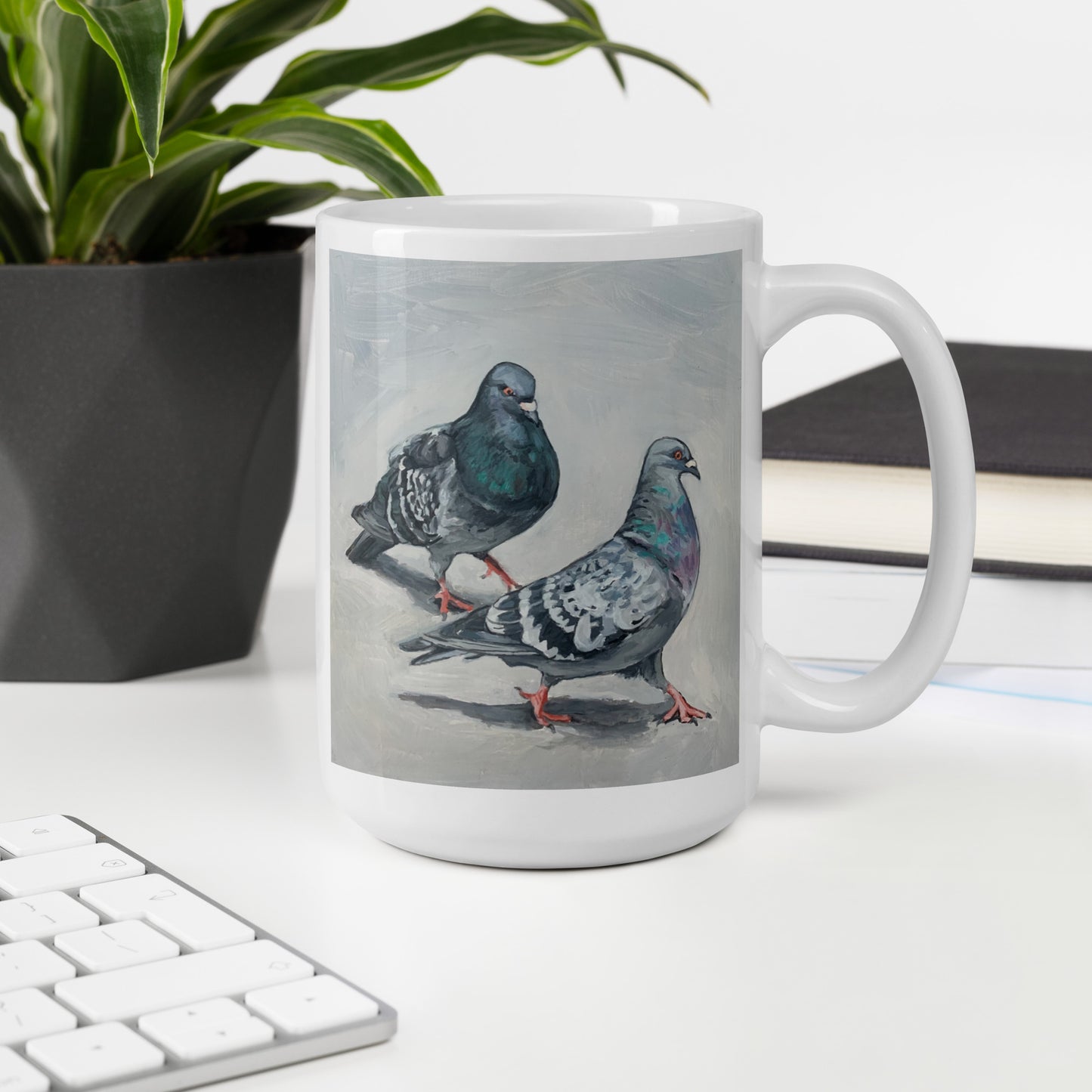 White Glossy Mug - Pigeons Flirting