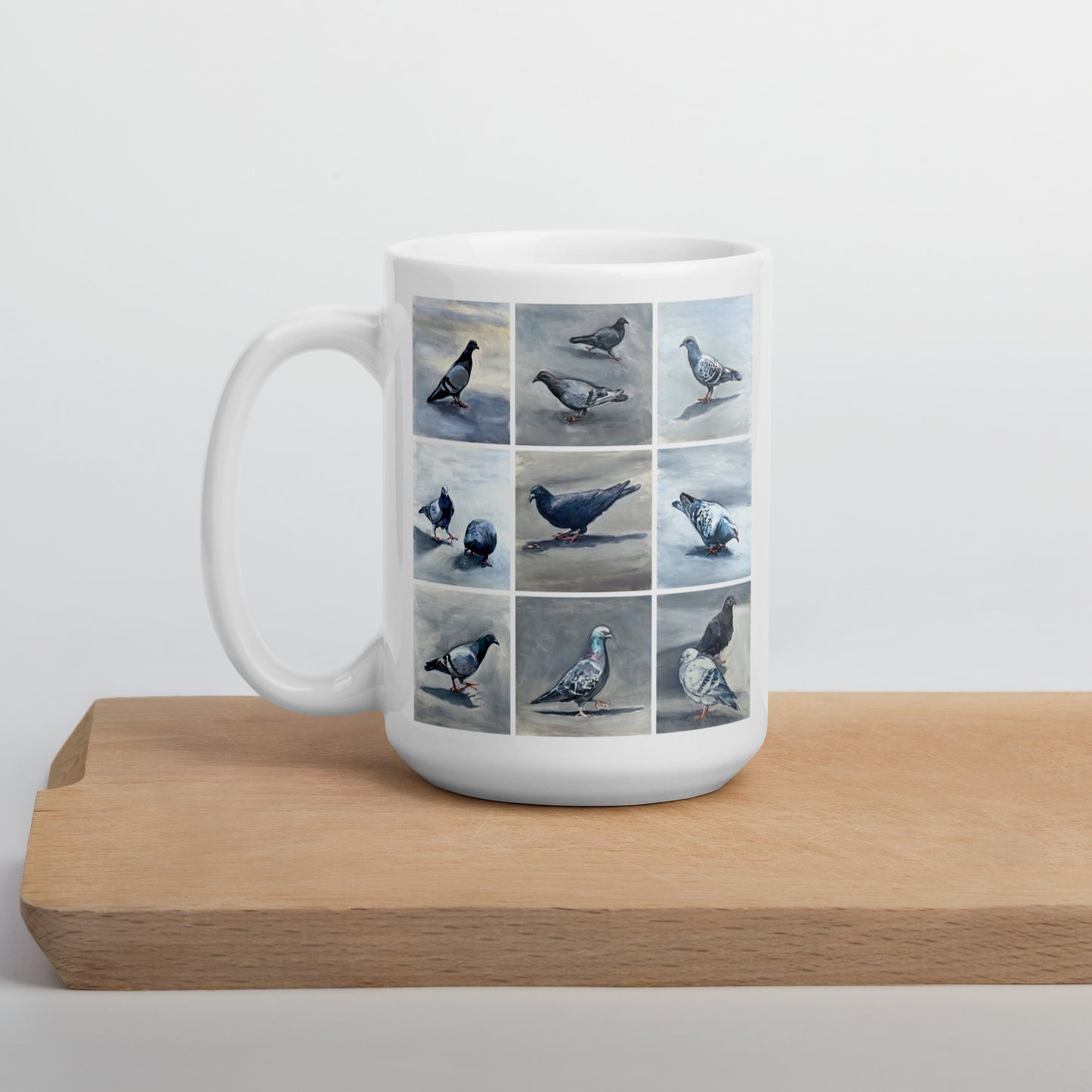 White Glossy Mug - Twelve Pigeons Design